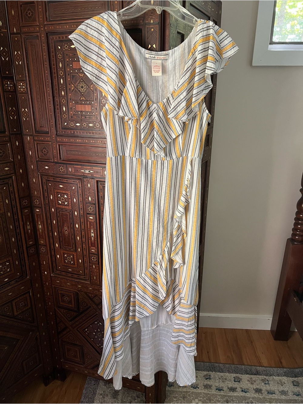 Flying Tomato Yellow & White Striped High-Low Ruffle Dress